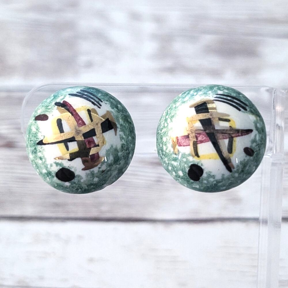Vintage Clip On Earrings Very Unusual Green Tones Artsy Statement
